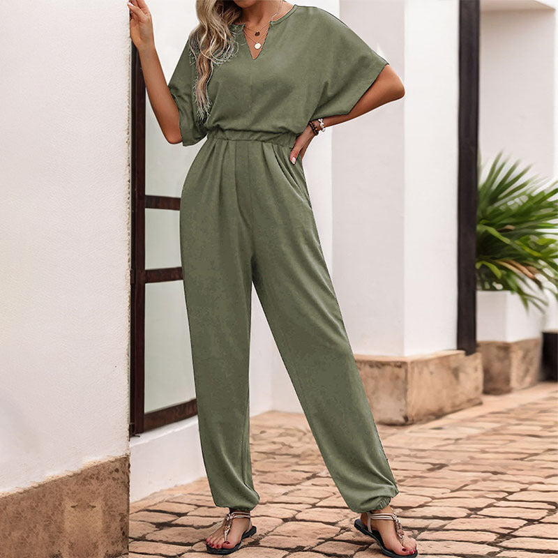 Women's Casual Jumpsuit with Waist Smocking, Short Batwing Sleeves and Elastic Ankle Cuffs Mune Fashion