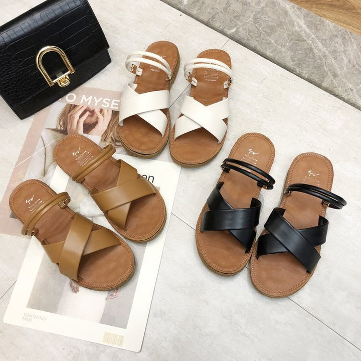Ladies' flat sandals with crossed padded straps, triple elastic heel strap, and ergonomic cork sole Mune Fashion