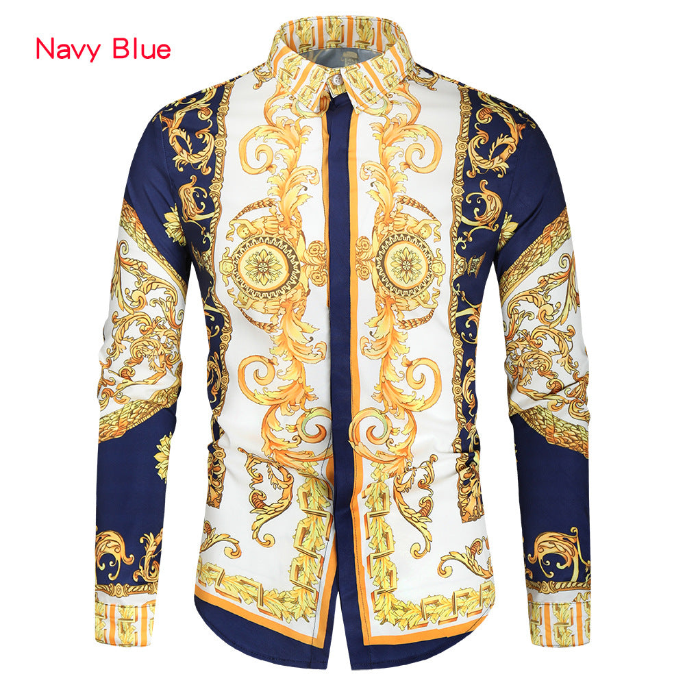 Men's Baroque Long-Sleeve Shirt with Ornamental Print, Kent Collar and Tailored Fit Mune Fashion