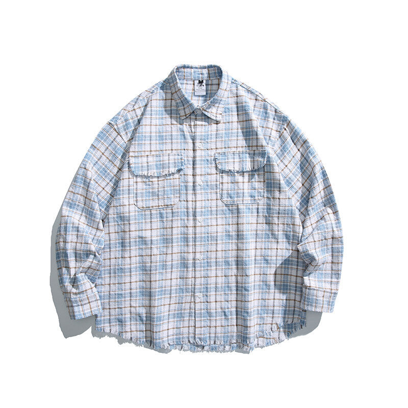 Unisex Boxy overshirt in checked linen blend with frayed hem and patch pockets Mune Fashion
