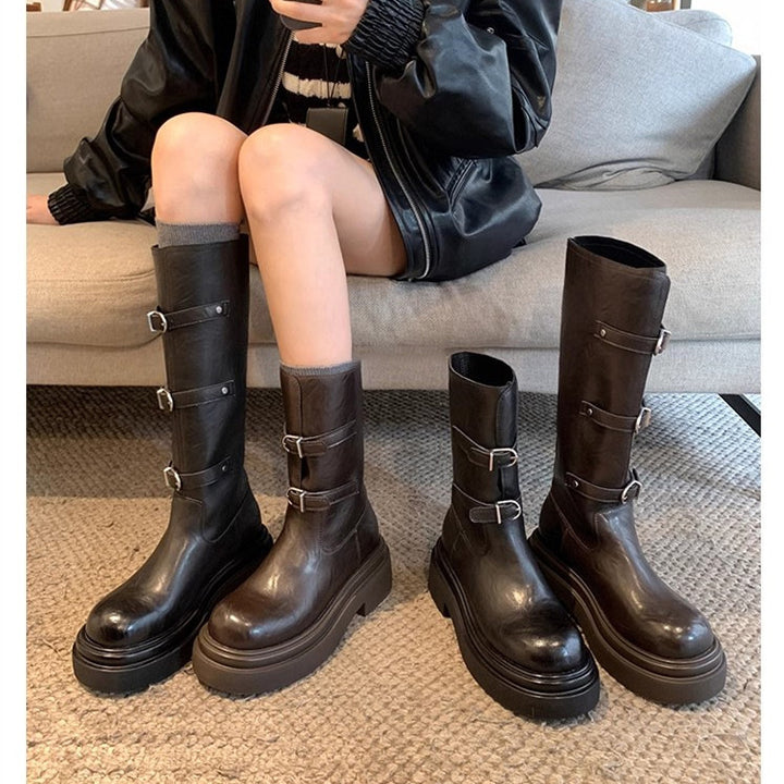Women's knee-high platform biker boots with distinctive lug sole and three decorative belts Mune Fashion