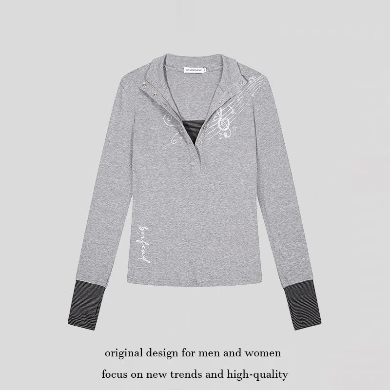 Women’s long-sleeve shirt with Henley button placket, contrast cuffs, and music note print Mune Fashion