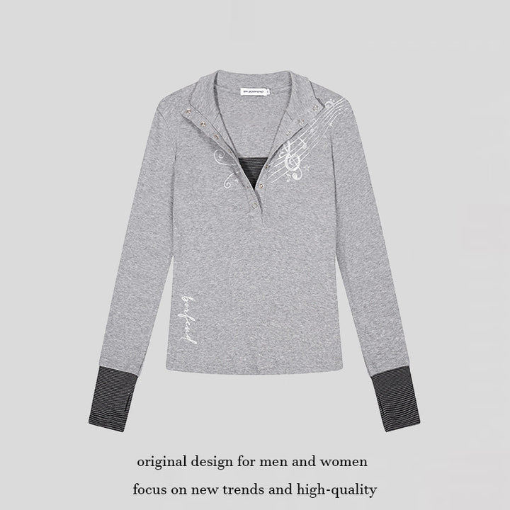 Women’s long-sleeve shirt with Henley button placket, contrast cuffs, and music note print Mune Fashion