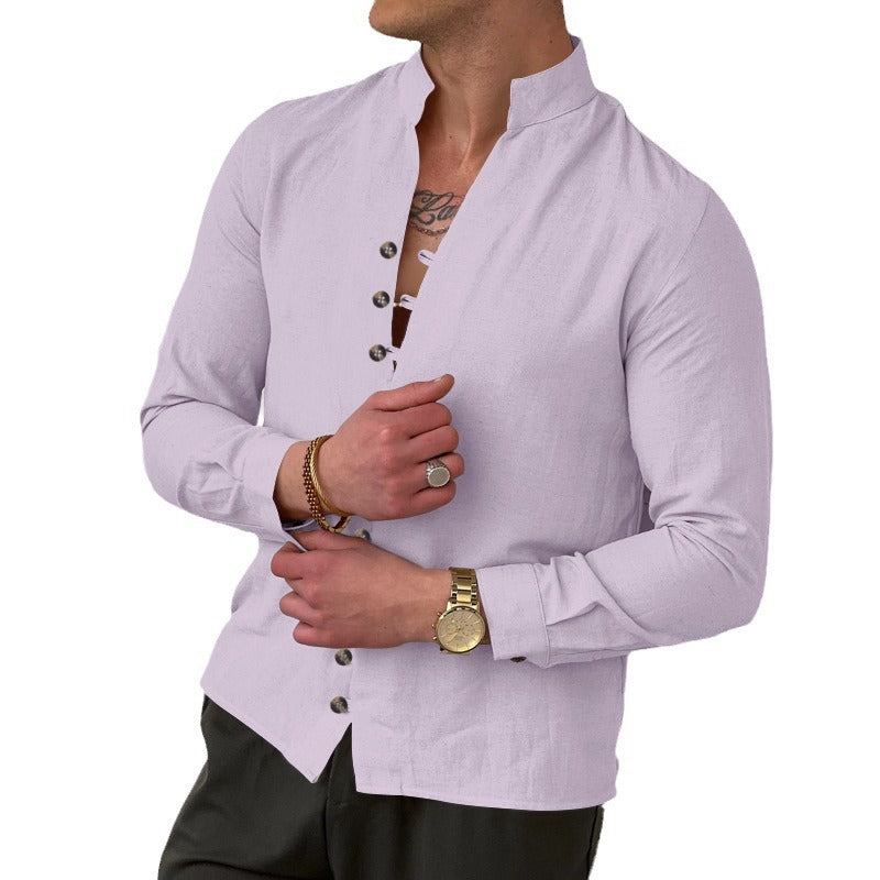 Men's elegant long-sleeve linen shirt with stand-up collar, asymmetrical button placket, and slim fit Mune Fashion