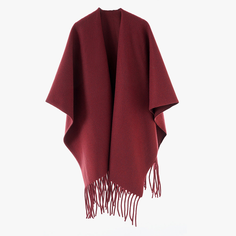 Women Minimalist Wool Cape with Fringe Hem and Open Fall Mune Fashion
