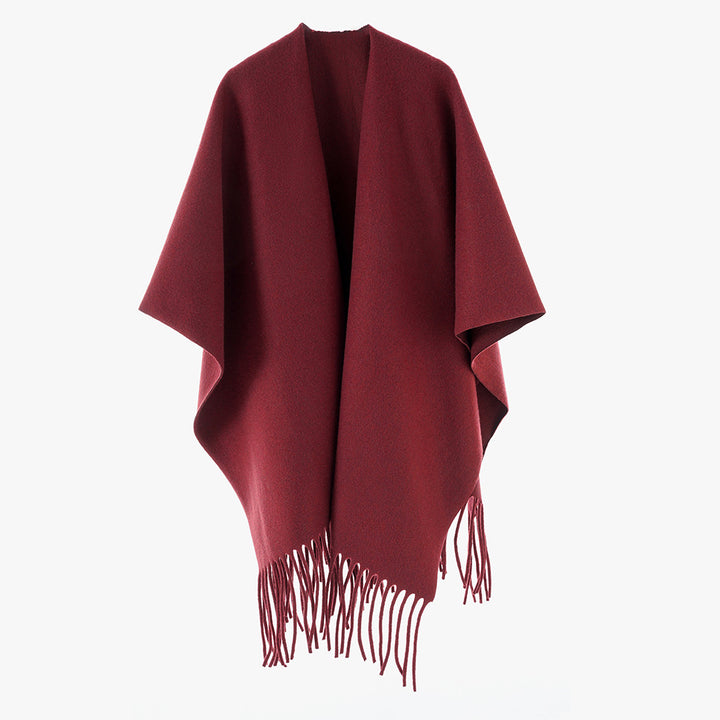 Women Minimalist Wool Cape with Fringe Hem and Open Fall Mune Fashion