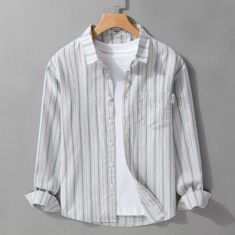 Men's Striped Linen Blend Shirt in Relaxed Fit with Kent Collar and Chest Pocket Mune Fashion