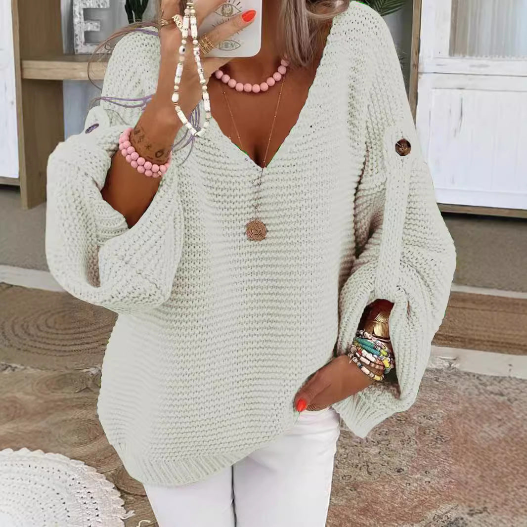 Women loose knit sweater with V-neck, balloon sleeves and button detail Mune Fashion