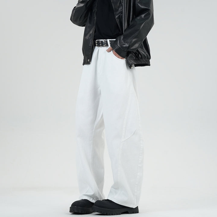 Men's Wide Stonewashed Panel Denim Pants with Drop Crotch and Distinctive Decorative Stitching Mune Fashion