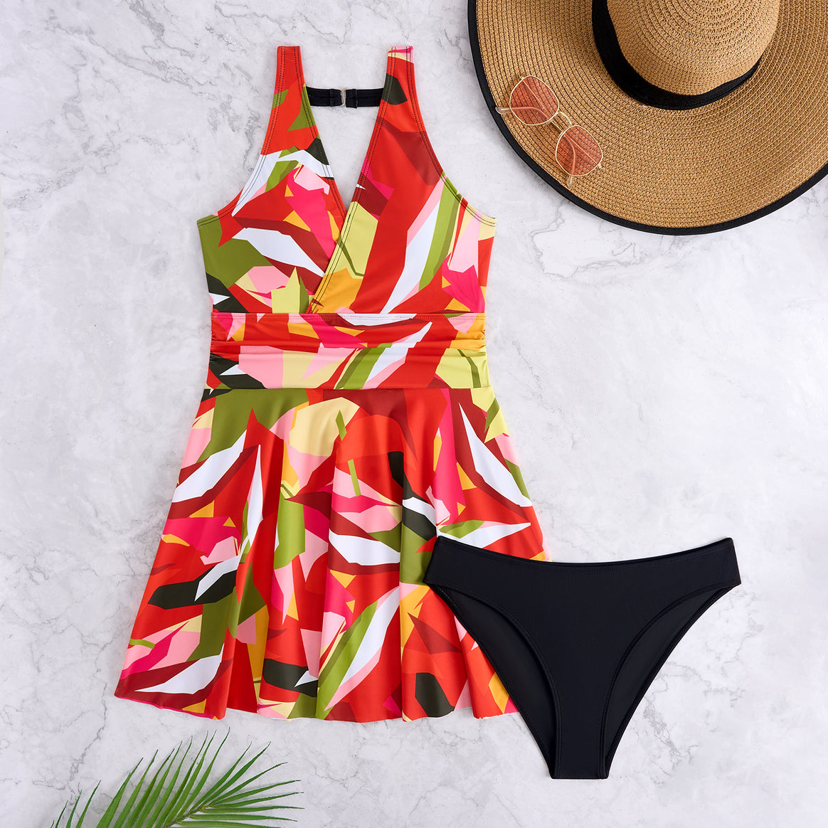 Women One-Piece Swimsuit with Flared Skirt and Modern Print Mune Fashion