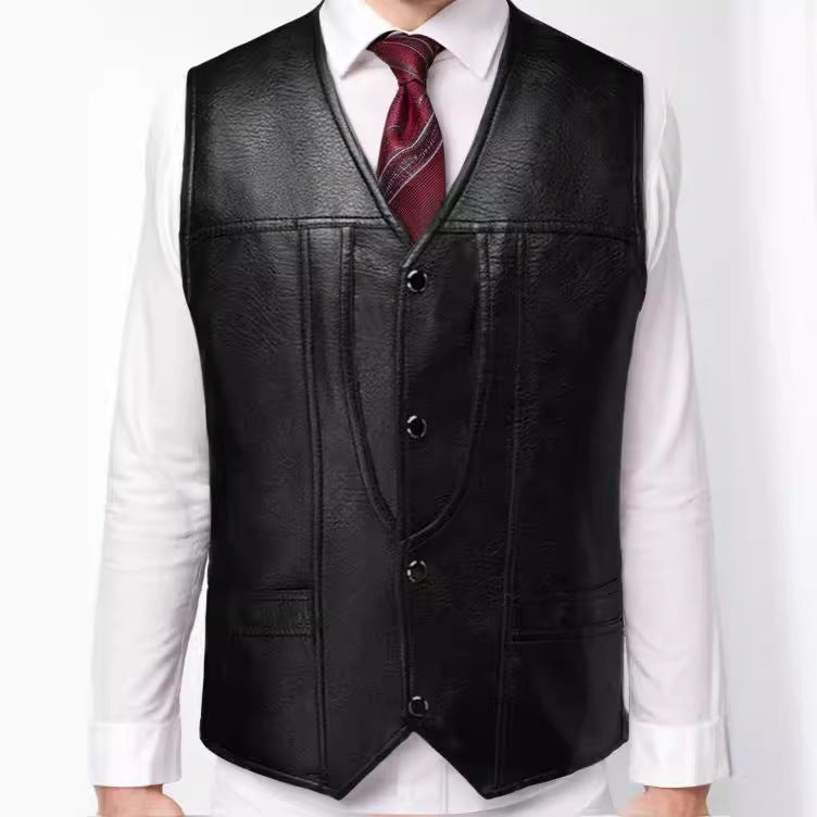 Men's Sleeveless Tailored Leather Vest with V-Neck, Decorative Seams and Button Placket Mune Fashion