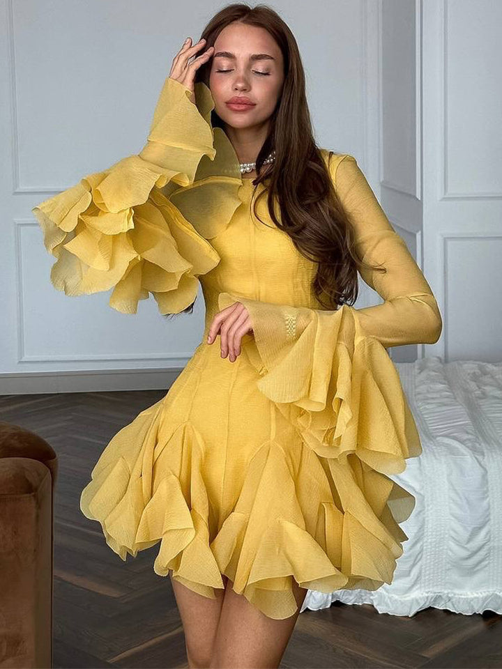 Ladies Ruffled Chiffon Mini Dress with Ruffles and Transparent Sleeves Mune Fashion
