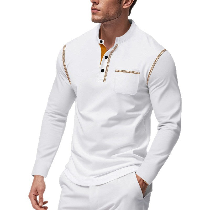 Men's long-sleeve cotton Henley with stand-up collar, chest pocket, and decorative seams Mune Fashion