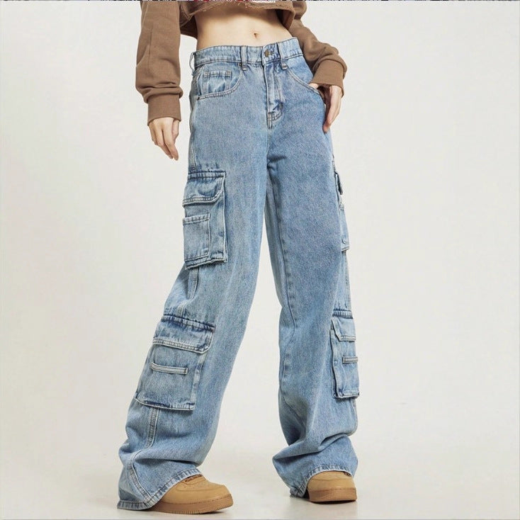Women's High-Cut Baggy Cargo Jeans with Multiple Utility Pockets Mune Fashion