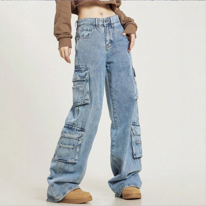 Women's High-Cut Baggy Cargo Jeans with Multiple Utility Pockets Mune Fashion