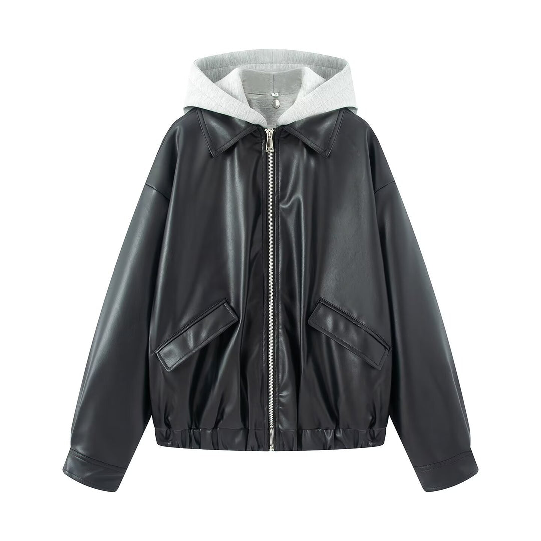 Women Oversize Faux Leather Blouson with Hood Insert and Flap Pockets Mune Fashion