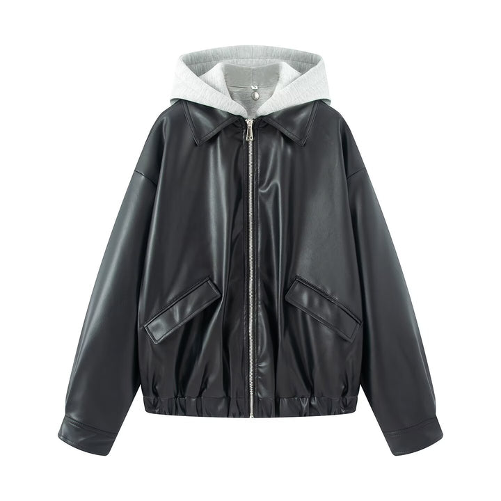 Women Oversize Faux Leather Blouson with Hood Insert and Flap Pockets Mune Fashion