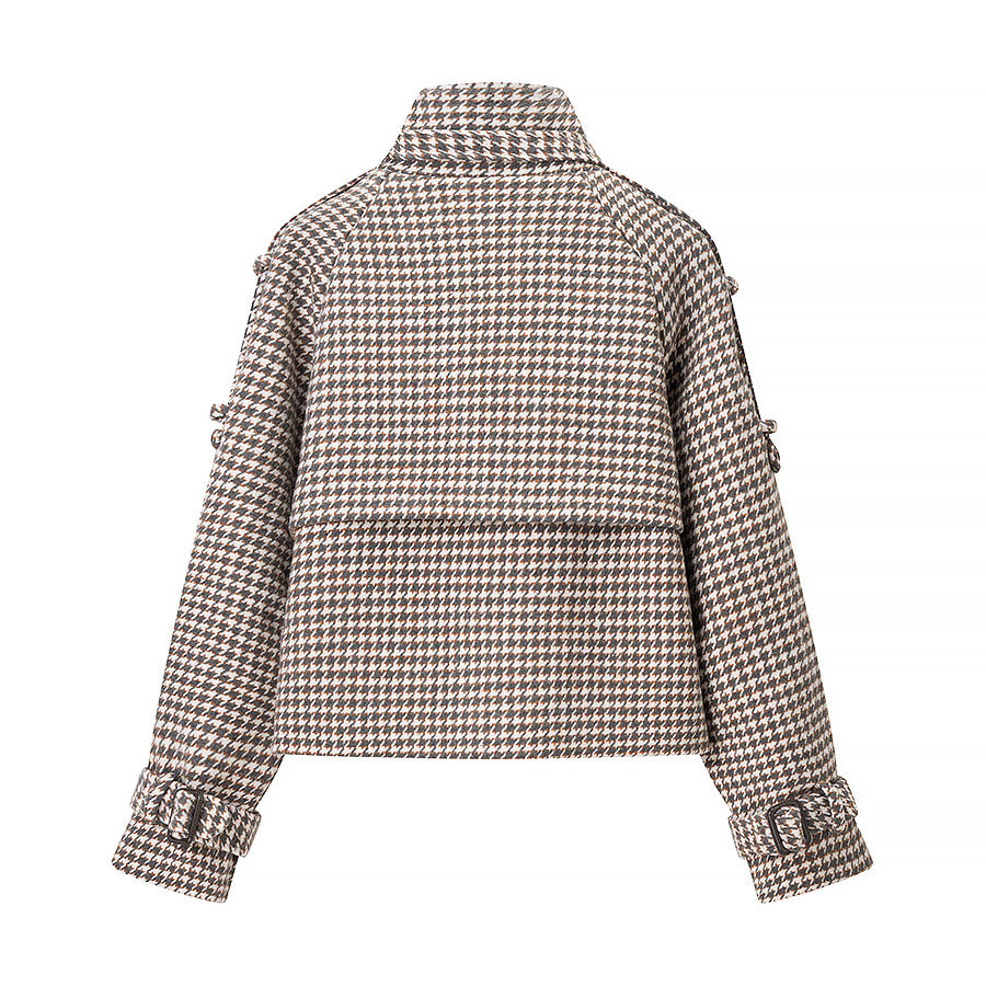 Ladies short jacket in houndstooth with stand-up collar, double-breasted and waist details Mune Fashion