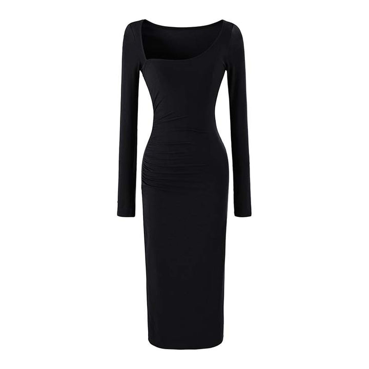 Women's Figure-hugging Midi Dress with Deep Round Neckline, Long Sleeves, and Side Gatherings