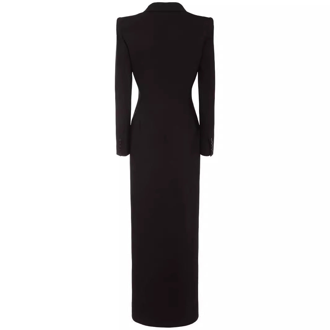 Women’s long tailored blazer dress with deep V-neckline and structured shoulder pads Mune Fashion