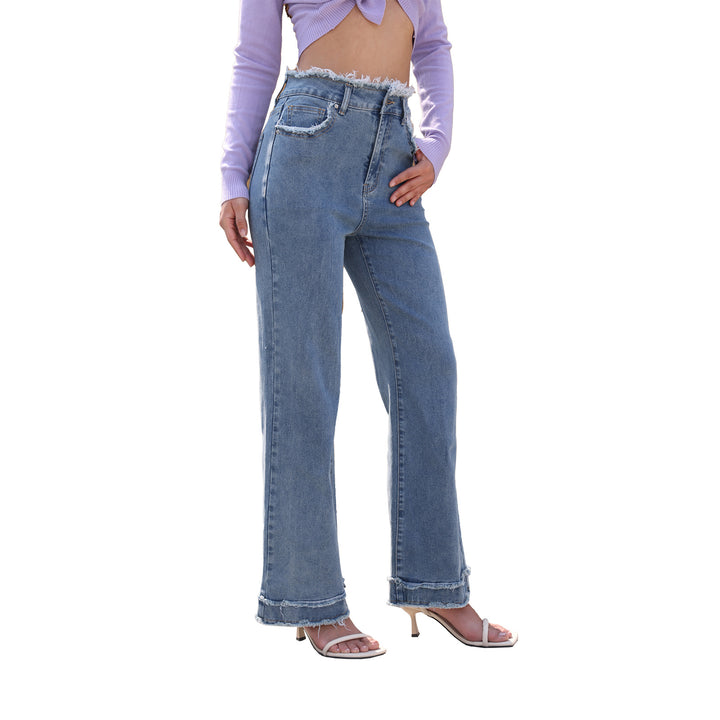 Women High-Waisted Denim Pants with Frayed Waist and Wide Leg Mune Fashion