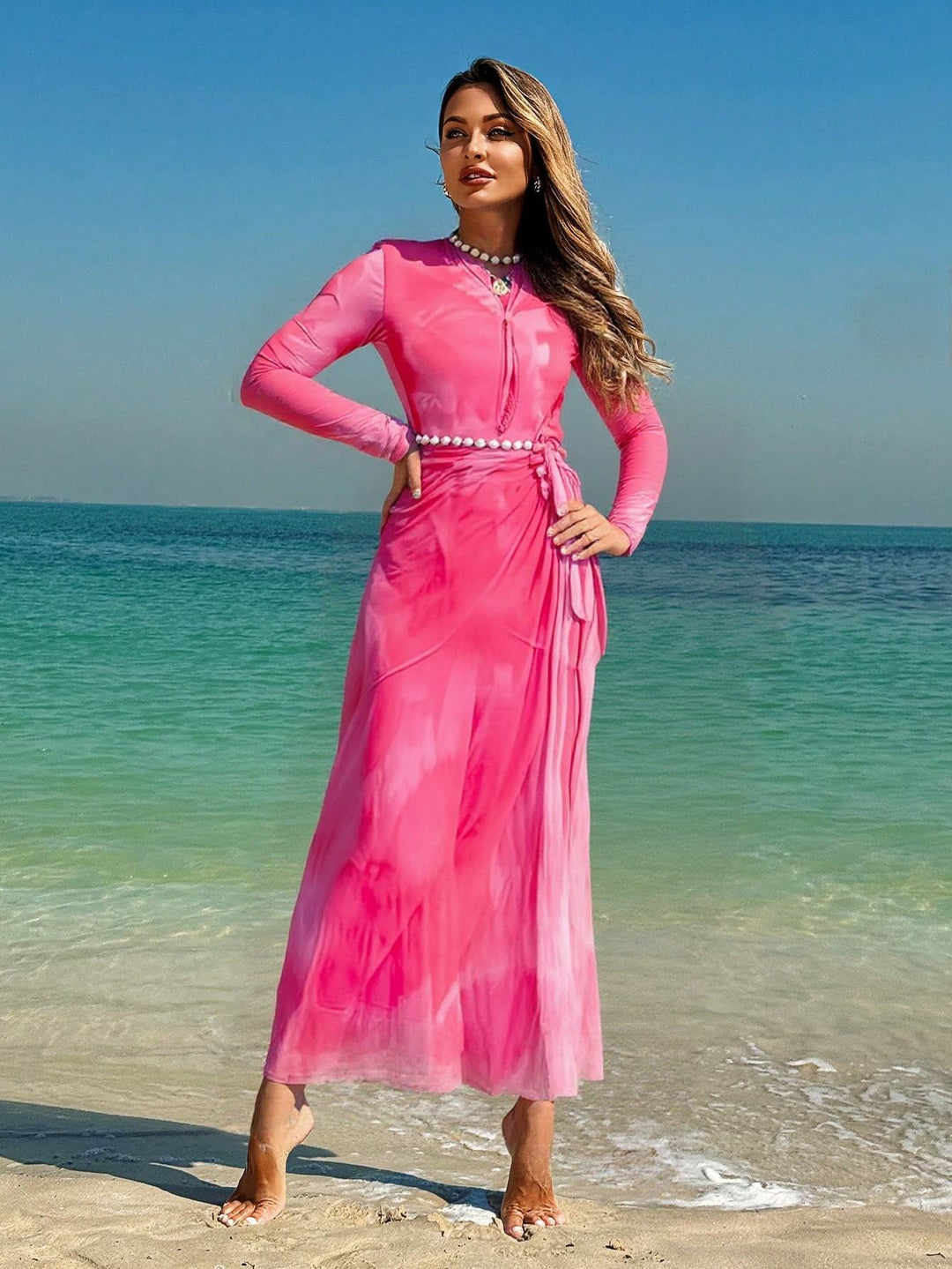 Women's Elegant Beach Dress with Transparent Sleeves and Draped Design Mune Fashion