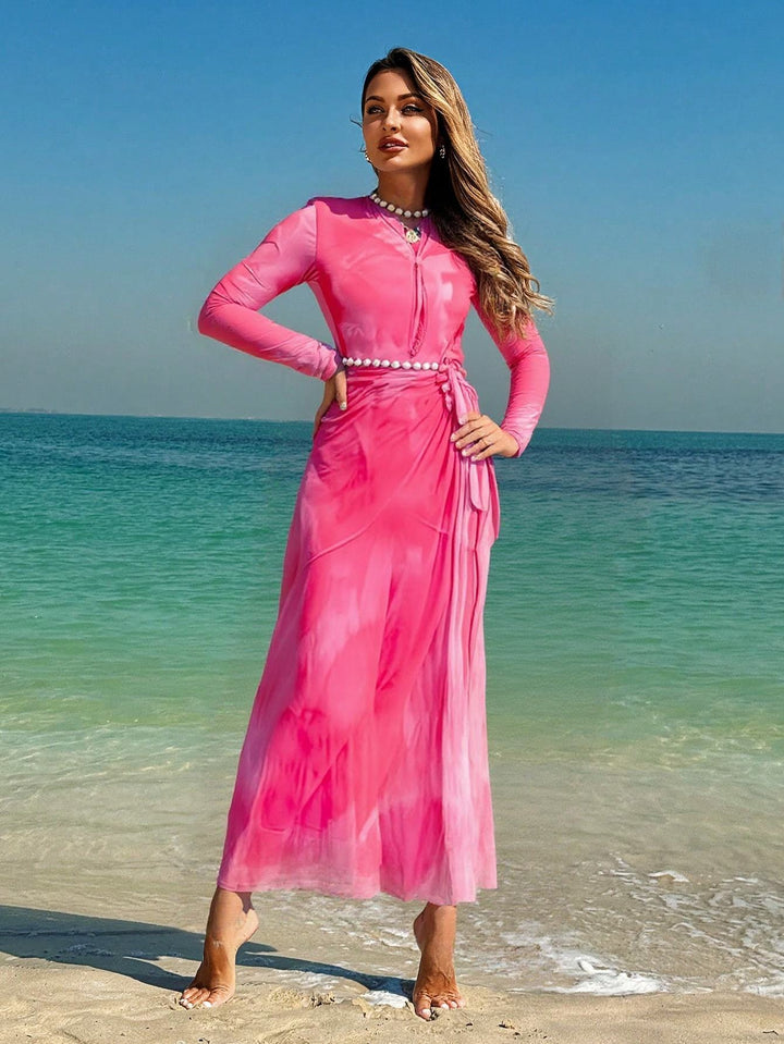 Women's Elegant Beach Dress with Transparent Sleeves and Draped Design Mune Fashion