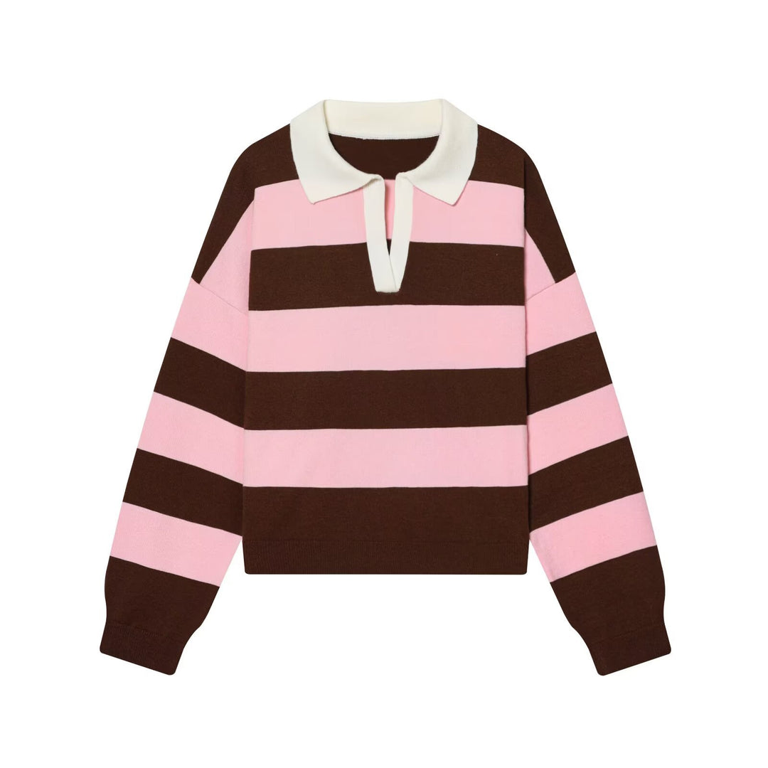 Women Oversize Cropped Rugby Sweater with Polo Collar and V-Neck Mune Fashion