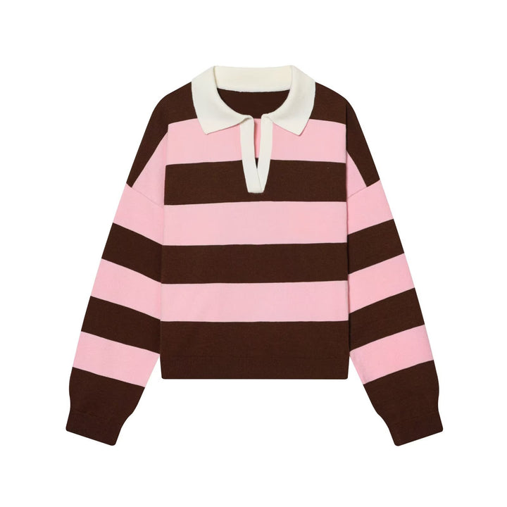 Women Oversize Cropped Rugby Sweater with Polo Collar and V-Neck Mune Fashion