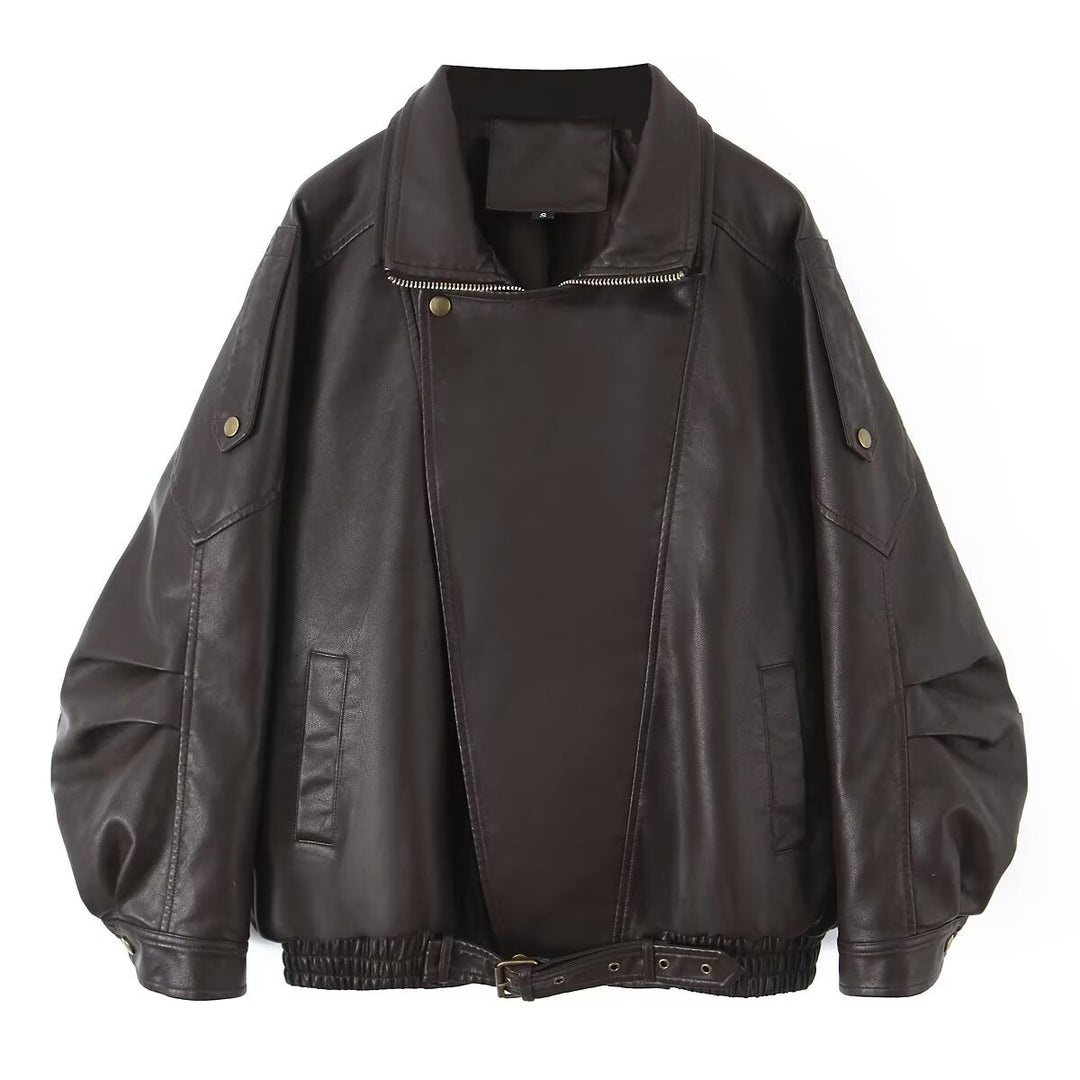 Women's Oversized Faux Leather Bomber Jacket with Asymmetrical Zipper and Waistband Mune Fashion