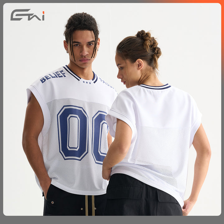 Unisex Breathable Mesh Sports Top Without Sleeves with Ribbed Polo Collar Mune Fashion