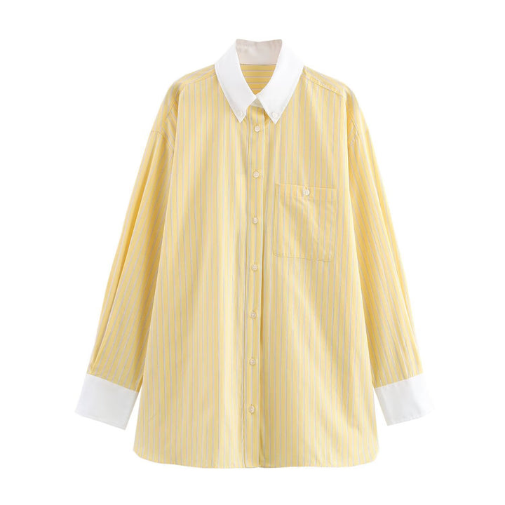 Women Oversized Shirt Blouse with Contrast Collar and Cuffs Mune Fashion