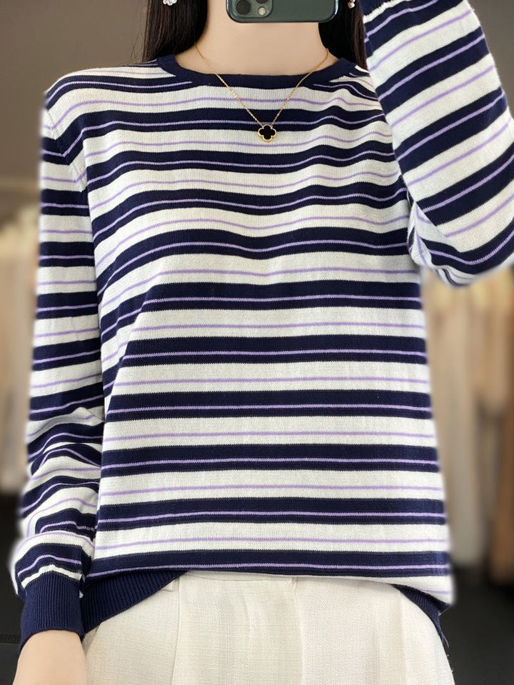 Women's Casual Stripe Fine Knit Sweater with Boxy Silhouette and Contrasting Ribbed Cuffs Mune Fashion