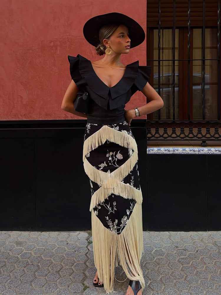 Women's Maxi Skirt with Floral Print & Layered Fringe Details Mune Fashion