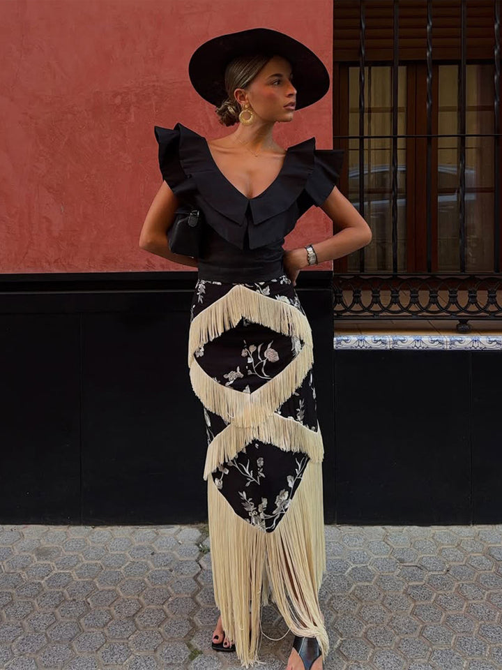 Women's Maxi Skirt with Floral Print & Layered Fringe Details Mune Fashion