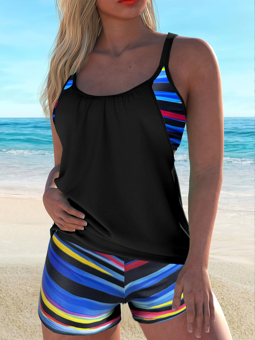 Women's sporty tankini set with fashionable striped pattern Mune Fashion