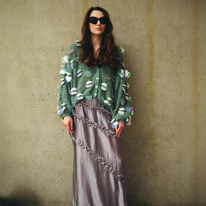 Women's Chunky Knit Mohair Cardigan with Oversized Sequins and Boxy Silhouette Mune Fashion