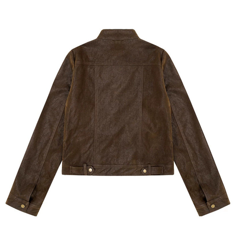 Women Short Cut Faux Leather Jacket in Vintage Moto Style Mune Fashion
