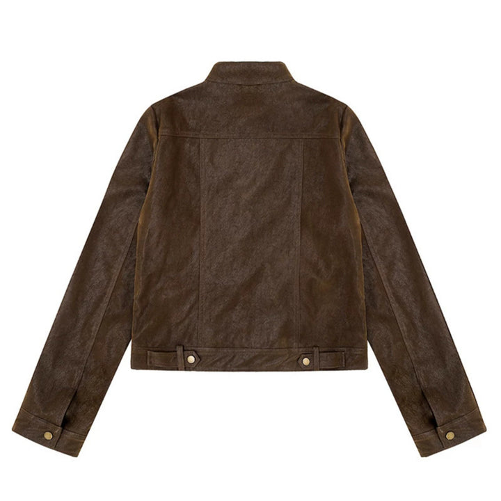 Women Short Cut Faux Leather Jacket in Vintage Moto Style Mune Fashion