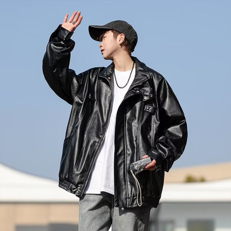 Men's Oversized Faux Leather Bomber Jacket with Stand Collar and Elastic Hem Mune Fashion