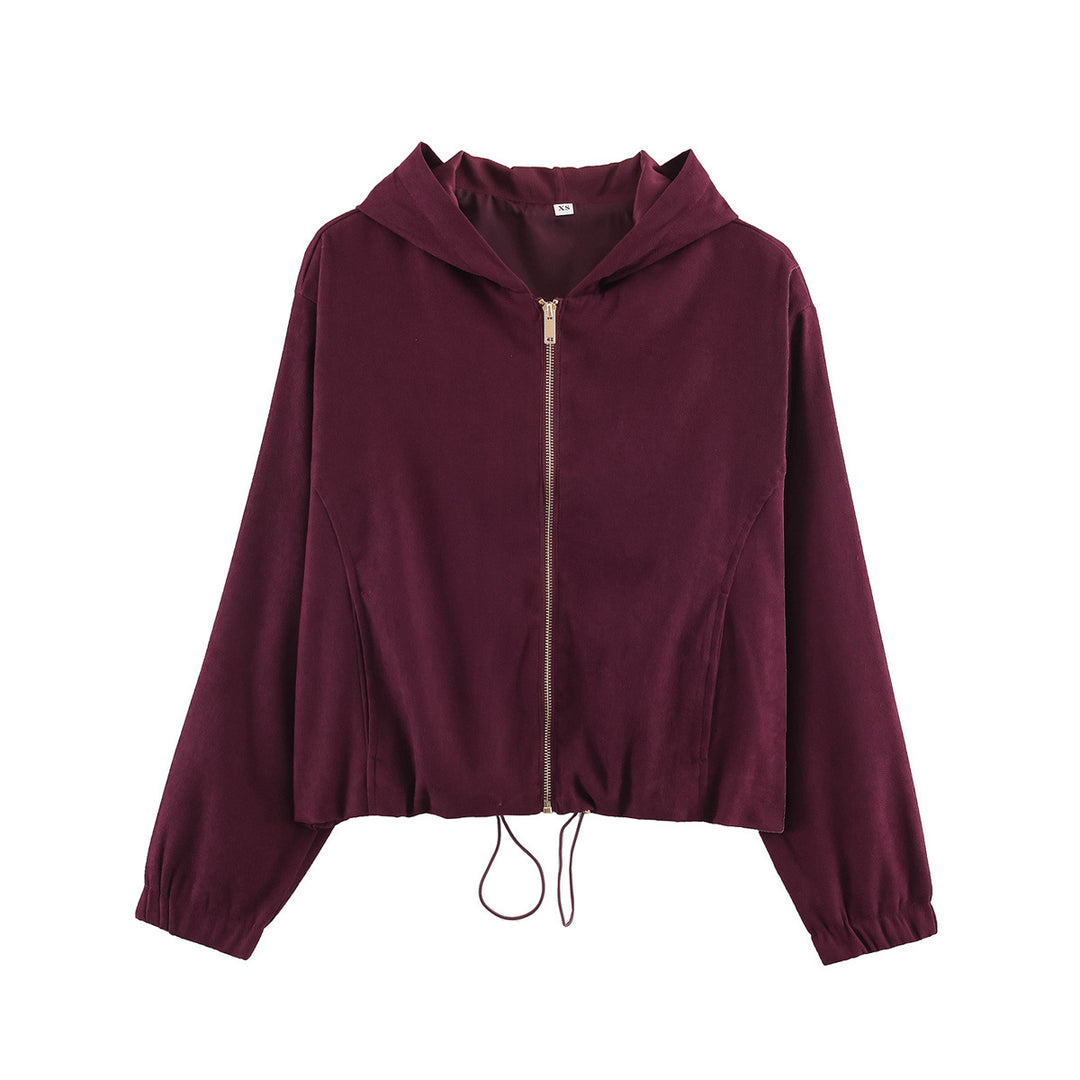 Women's short jacket in velour look with hood, full-length zipper and drawstring hem Mune Fashion
