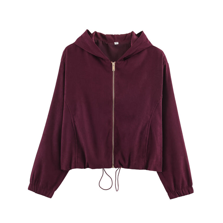 Women's short jacket in velour look with hood, full-length zipper and drawstring hem Mune Fashion