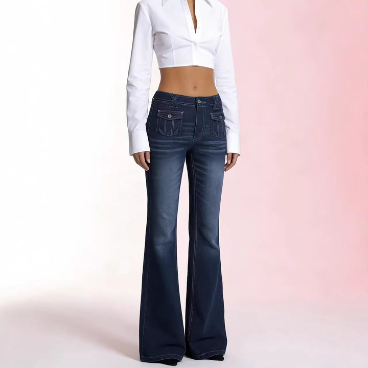 Women's high-waist flared jeans with decorative patch front pockets and form-fitting thigh area Mune Fashion