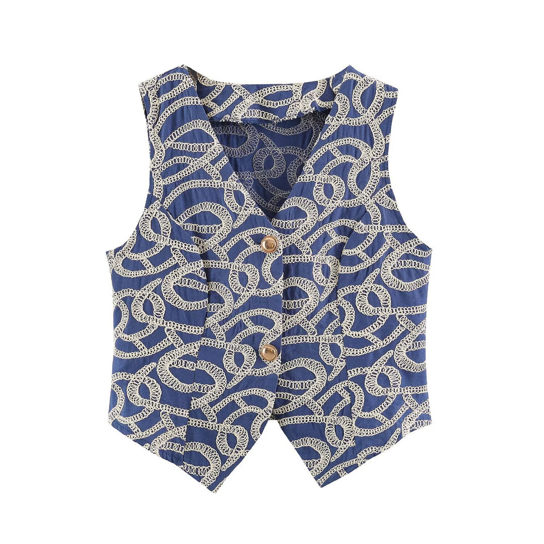 Women Tailored Short Vest with V-Neck and Decorative Embroidery Mune Fashion