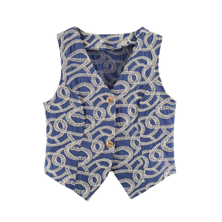 Women Tailored Short Vest with V-Neck and Decorative Embroidery Mune Fashion