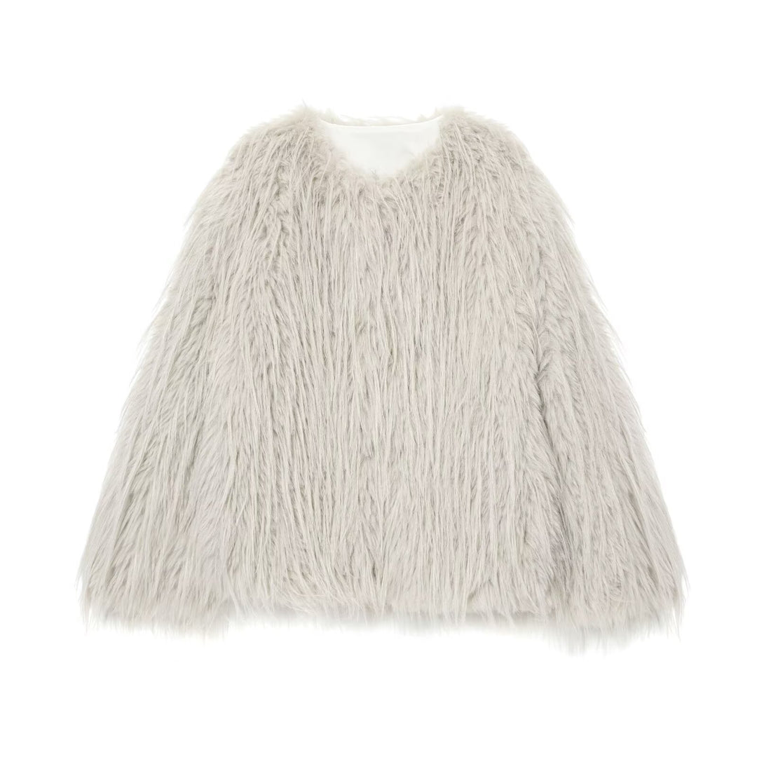 Women's Faux Fur Coat with Long Shaggy Fur and Round Neckline Mune Fashion