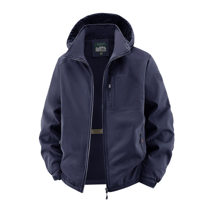 Men's multifunctional softshell tactical jacket with hidden hood, vertical chest pocket, and breathable fleece lining Mune Fashion