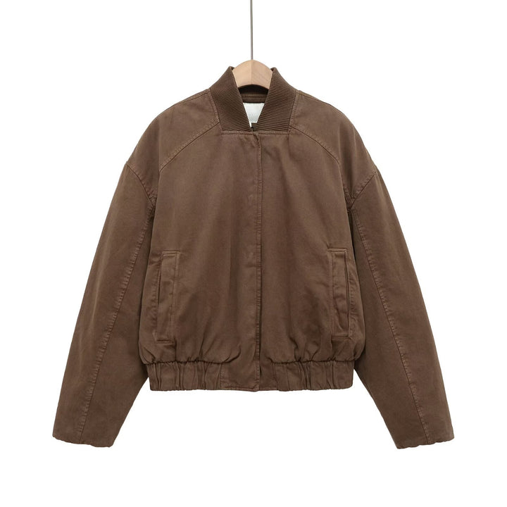 Women's Oversized Bomber Jacket with Gathered Hem and Ribbed Collar Mune Fashion