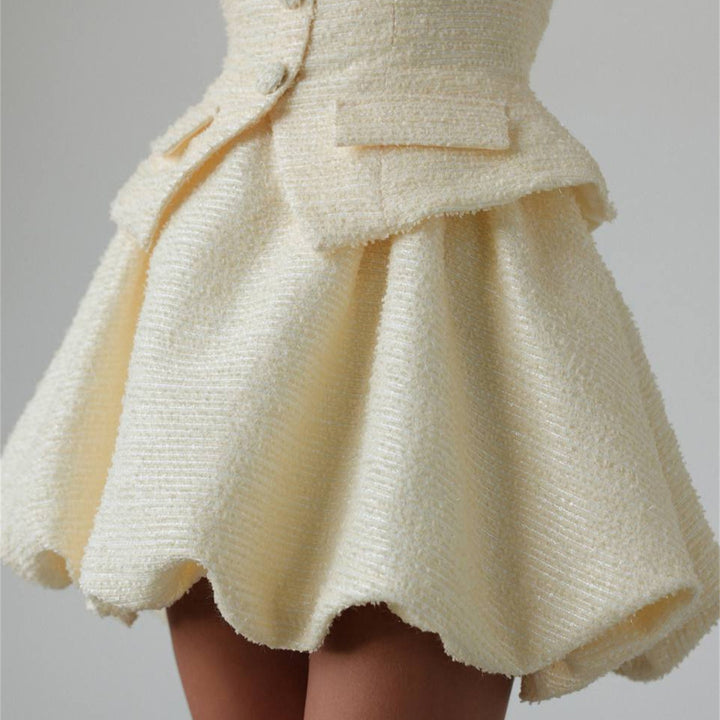 Women's Figure-Hugging Tweed Mini Dress with Peplum and Button Placket Mune Fashion