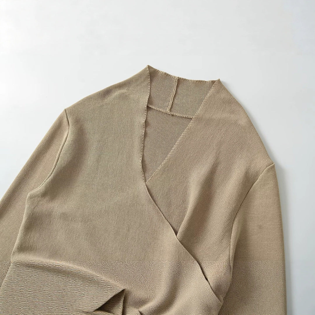 Women's wrap knitted sweater with V-neck and decorative belt Drune
